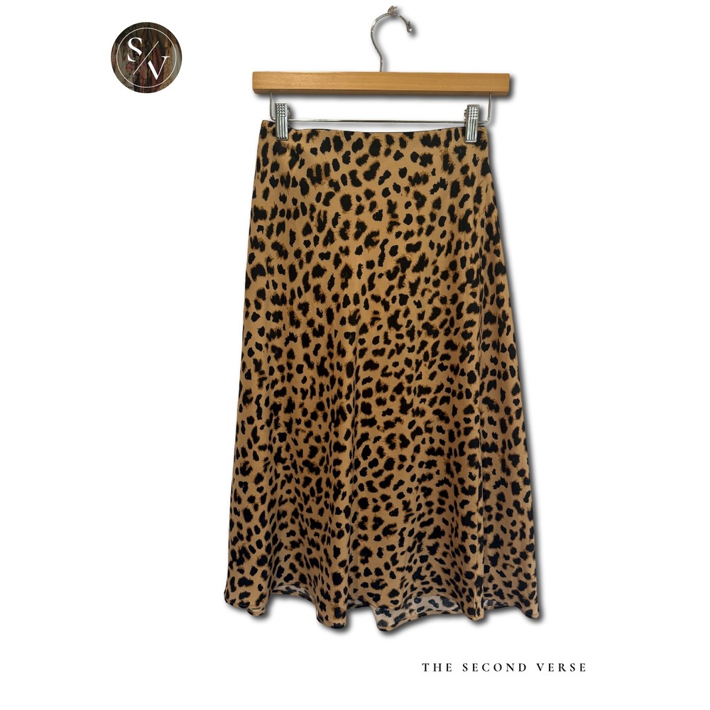 Express Skirt Women L Tan Leopard Print High Rise Hidden Elastic Waist Midi